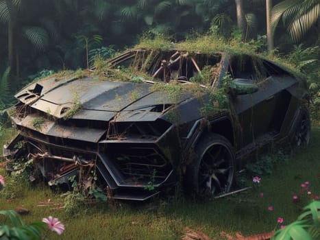 Abandoned rusty expensive atmospheric super car as circulation banned for co2 emission 2030 agenda , severe damage, broken parts, plants overgrowth bloom flowers. ai generated