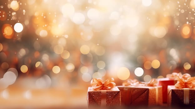 Christmas gift box shining gold in front of abstract glitter confetti bokeh background - AI Generative