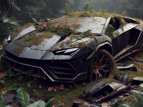 Abandoned rusty expensive atmospheric super car as circulation banned for co2 emission 2030 agenda , severe damage, broken parts, plants overgrowth bloom flowers. ai generated