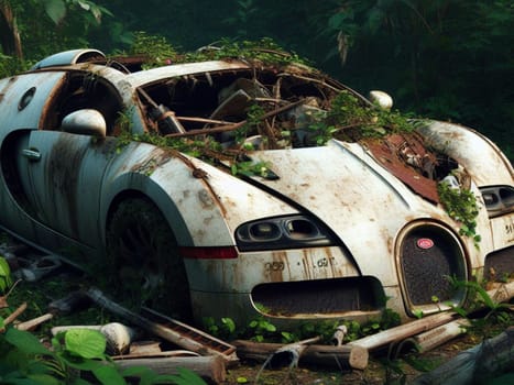 Abandoned rusty expensive atmospheric super car as circulation banned for co2 emission 2030 agenda , severe damage, broken parts, plants overgrowth bloom flowers. ai generated