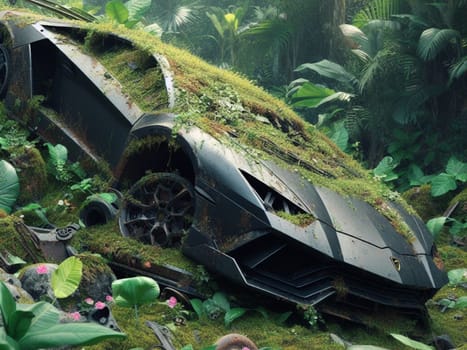 Abandoned rusty expensive atmospheric super car as circulation banned for co2 emission 2030 agenda , severe damage, broken parts, plants overgrowth bloom flowers. ai generated