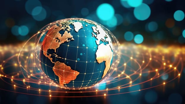 Communication technology with connections around globe Earth showing concept of Internet, IoT, cyberspace, global business, innovation, big data science, digital finance, blockchain.