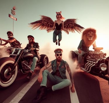 anthropomorhic lion characters gang in steampunk hot rods and tuned bikes burning rubber, wearing jeans and leather, gas station , desert road, comics illustration, mad max ai generated