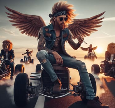 anthropomorhic lion characters gang in steampunk hot rods and tuned bikes burning rubber, wearing jeans and leather, gas station , desert road, comics illustration, mad max ai generated