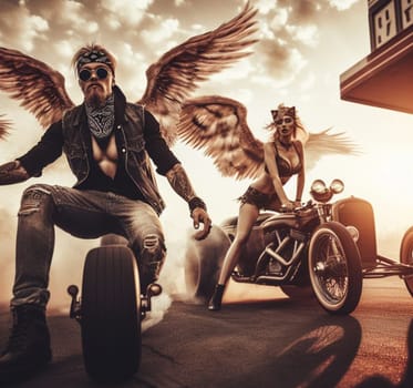 anthropomorhic lion characters gang in steampunk hot rods and tuned bikes burning rubber, wearing jeans and leather, gas station , desert road, comics illustration, mad max ai generated