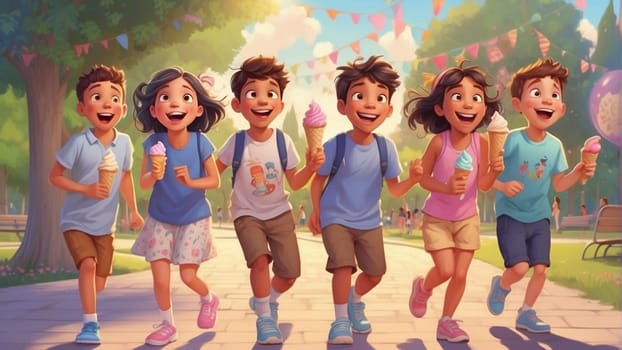 a group of kids , boys and girls, having ice cream gelato cones in a park in summer time ai generated