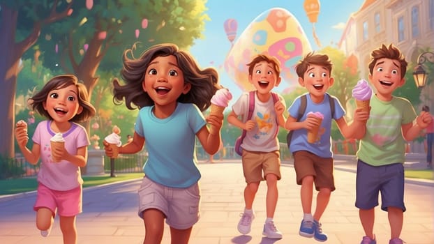 a group of kids , boys and girls, having ice cream gelato cones in a park in summer time ai generated