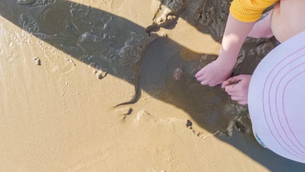 A little girl joyfully clamming on Pismo Beach, bundled up for the winter chill as she explores the sands for seashells and clams.