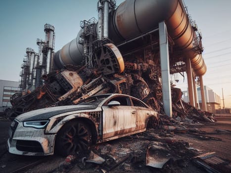 Crashed abandoned rusty expensive luxurious atmospheric 4 door powerful as circulation banned for co2 emission 2030 agenda dystopian concept ai generated