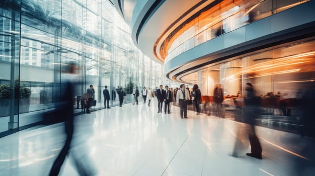 Business people rushing in office lobby with motion blur