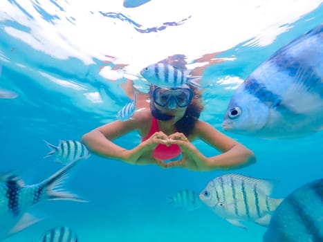 Asian woman on a snorkeling trip at Samaesan Thailand. dive underwater with Nemo fishes in the coral reef sea pool. Travel lifestyle, watersport adventure, swim activity on a summer beach holiday