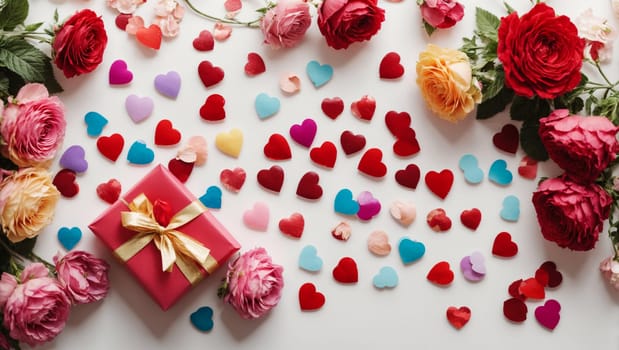 Multi-colored composition of hearts and flowers, top view. Gifts, colorful decorations on a bright white background. Valentine's Day, lovers,concepts,flowers, top view, clear image.