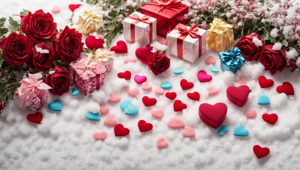 Multi-colored composition of hearts and flowers, top view. Gifts, colorful decorations on a bright white background. Valentine's Day, lovers,concepts,flowers, top view, clear image.
