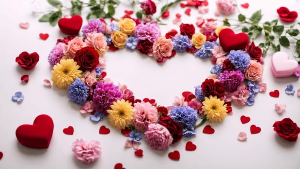 Multi-colored composition of hearts and flowers, top view. Gifts, colorful decorations on a bright white background. Valentine's Day, lovers,concepts,flowers, top view, clear image.