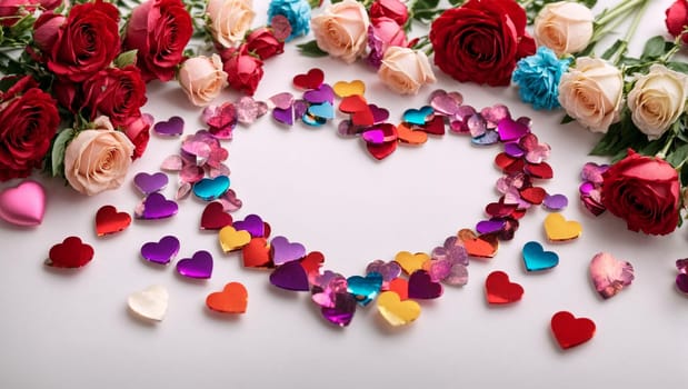 Multi-colored composition of hearts and flowers, top view. Gifts, colorful decorations on a bright white background. Valentine's Day, lovers,concepts,flowers, top view, clear image.
