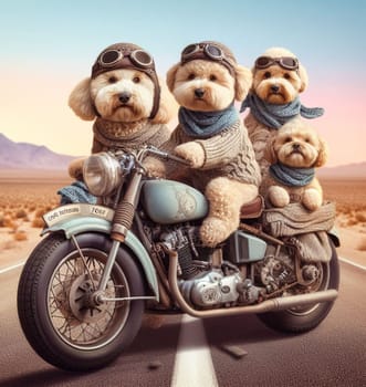 labradoodle dogs gang riding hot rod steampunk motorcycles wearing ponchos in desert road art ai generated