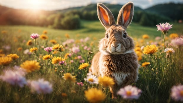A cute rabbit is lying in a beautiful summer meadow with flowers