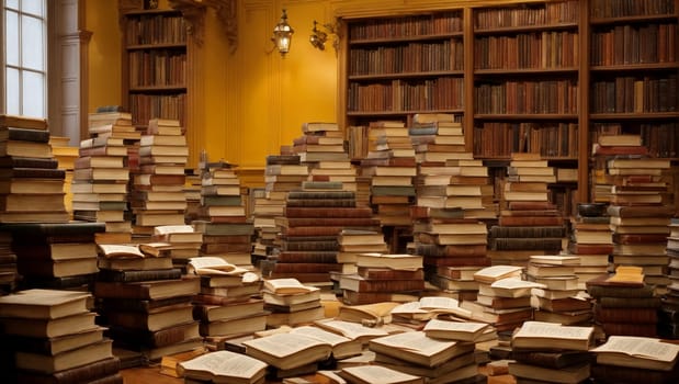 The books are stacked on the floor in different order It seems that their location is well thought out and scrupulously organized. Each book lies next to the other with the diligence of a knowledge seeker, creating a harmonious symphony of literary works.