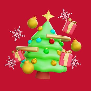 3D illustration of Christmas tree adorned with colorful ornaments and gifts. The tree, set against a snowy white background with blue snowflakes, creates a captivating holiday scene. Perfect for Christmas and Happy New Year celebrations