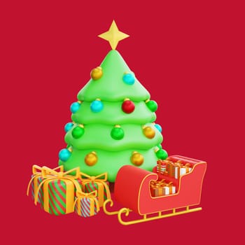 3D illustration of a Christmas tree adorned with colorful ornaments and surrounded by beautifully wrapped gifts. A red sleigh adds a festive touch. Perfect for Christmas and Happy New Year celebrations