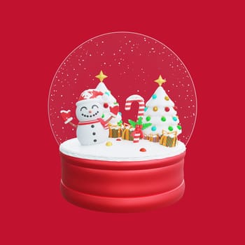 3D illustration of a Christmas snow globe. A cheerful snowman stands next to a beautifully decorated Christmas tree. Colorful presents add to the holiday cheer. Perfect for Christmas and Happy New Year celebrations