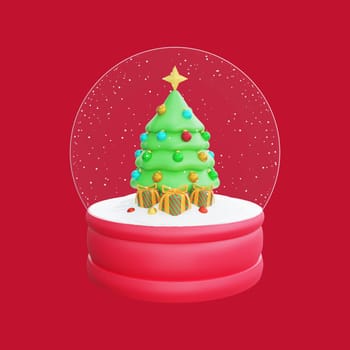 3D illustration of Christmas snow globe with a beautifully decorated tree and colorful presents inside. Perfect for Christmas and Happy New Year celebrations