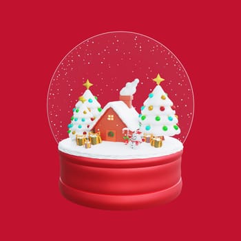 3D illustration of a Christmas scene inside a snow globe. The globe houses a cozy house, decorated Christmas trees, a snowman, and colorful presents, all under a flurry of snowflakes. Perfect for Christmas and Happy New Year celebrations