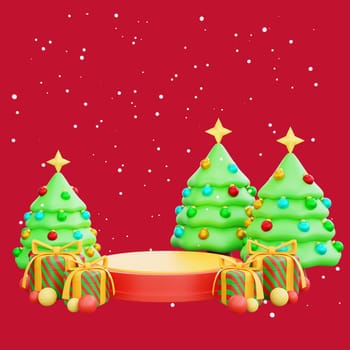 3D illustration of a podium adorned with three beautifully decorated Christmas trees and colorful presents. Perfect for Christmas and Happy New Year celebrations