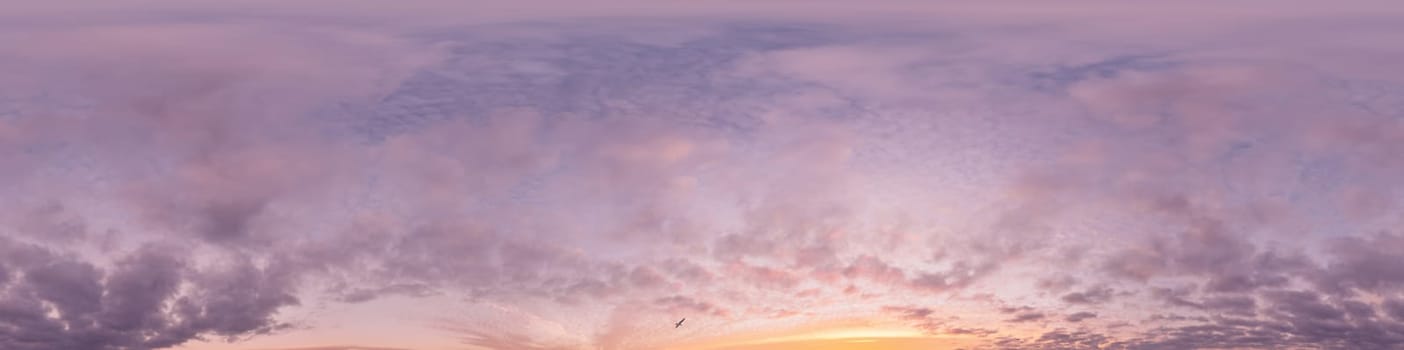 Bright sunset sky panorama with Cirrus clouds. Seamless hdr spherical equirectangular 360 panorama. Sky dome or zenith for 3D visualization, game and sky replacement for aerial drone 360 panoramas.