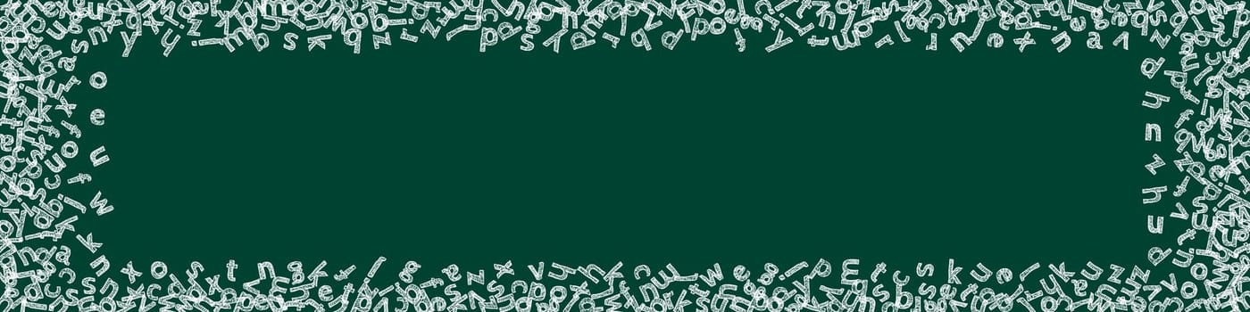 Falling letters of English language. Childish chalk flying words of Latin alphabet. Foreign languages study concept. Marvelous back to school banner on blackboard background.