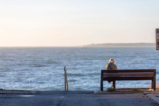 Back view of senior woman sitting on a bench at the beach a sunny day