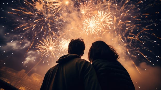 Happy people looking up to the sky with firework in new year 2024 night celebrate happy new year festival 2024 comeliness.