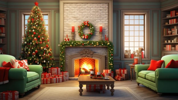 Interior of decorated living room with Christmas tree and comfortable sofa for family comeliness