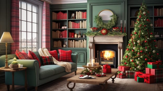 Interior of decorated living room with Christmas tree and comfortable sofa for family comeliness