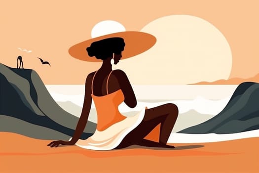 beige woman american tanned cartoon young beautiful summer swim tropical sea art body vacation travel fashion hat beach african concept black girl. Generative AI.