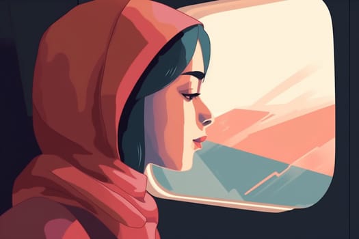 woman window character flight journey seat airplane cartoon female tourist transportation plane passenger aeroplane young aircraft travel hijab sleep muslim trip. Generative AI.