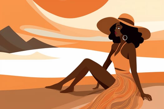 woman young water swim tropical vacation body design sun summer tanned female beige sexy concept relax black girl holiday beach hat. Generative AI.