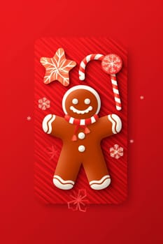 baked man winter smile symbol gingerbread december merry santa season delicious cookie pastry homemade holiday food sweet christmas happy decoration red background. Generative AI.
