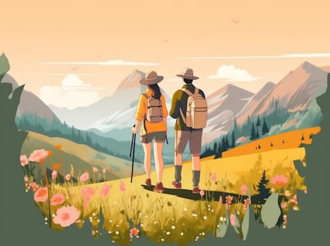 man woman adventure camping summer tree hiking background vacation illustration character outdoor hike landscape nature night tent fire travel mountain couple forest. Generative AI.