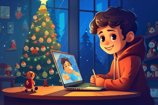 woman child computer laptop celebration cartoon technology fun christmas video screen chat little baby home hat gift happy person cyberspace. Generative AI.