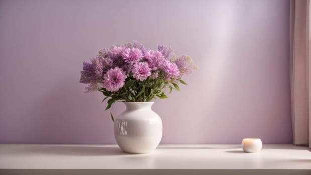 blank wall template with vase and flowers on light purple, pastel background,