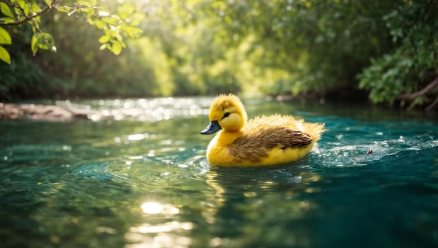 A yellow duckling swims in the bright blue water of the river, surrounded by lush greenery of trees. a small fluffy duckling carelessly swims along a quiet river, its bright yellow fluff shimmers in the sun, reflecting in the clear water.