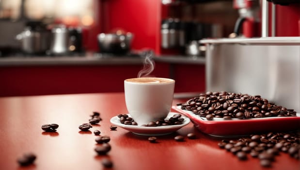 view of a white cup with coffee and coffee beans on a red background, detailing,cafe in the background, uniform lighting