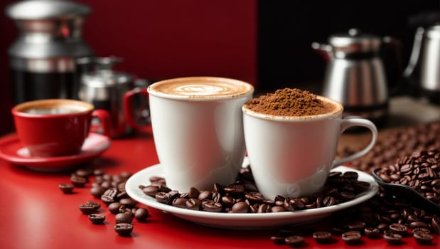 view of a white cup with coffee and coffee beans on a red background, detailing,cafe in the background, uniform lighting