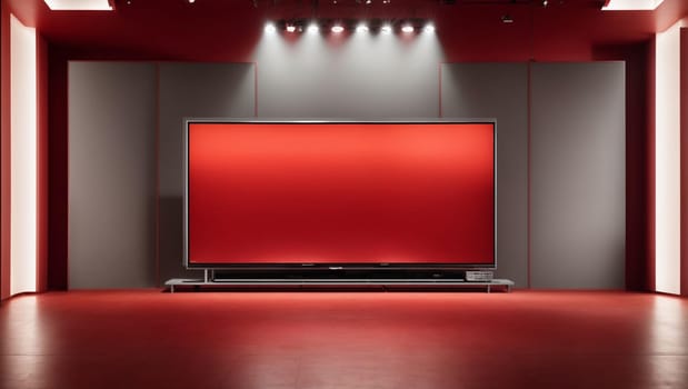 rectangular red TV screen with backlight, without image, located in the center, right on the red background of the studio