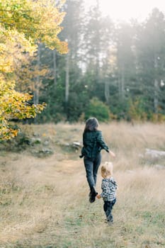 Little girl runs after her mother across the lawn into the forest. Back view. High quality photo