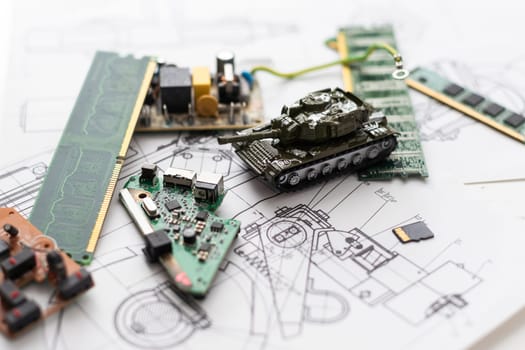 military tank and microcircuits. green camouflage. High quality photo