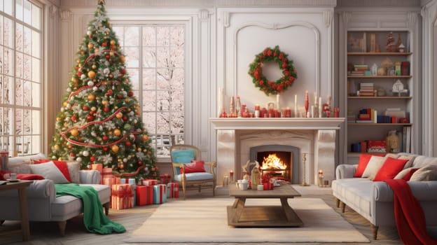 Interior of decorated living room with Christmas tree and comfortable sofa for family comeliness