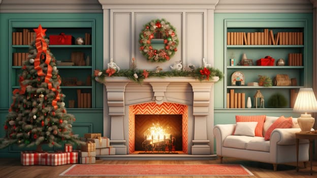 Interior of decorated living room with Christmas tree and comfortable sofa for family comeliness