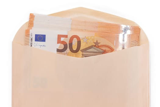 An Orange Paper Envelope with Stack of 50-Euro Banknotes Inside. Salary in Cash. Tax-Free System. Euro Currency. Payments with No Taxes. Orange Paper Money. A Lot of Fifty-Euro Bills